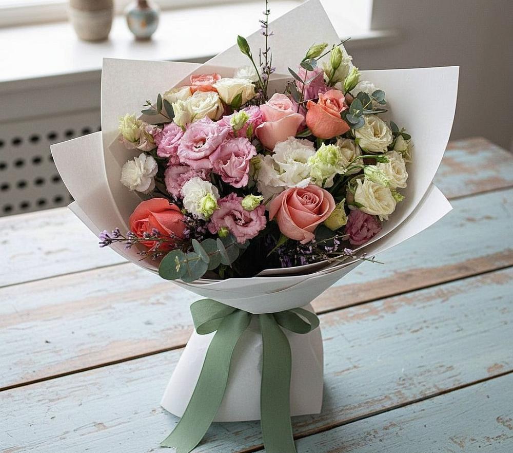 Букет цветов из: Розы, Лизиантусы и Гвоздики в Колчаново