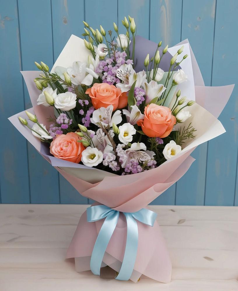 Букет цветов из: Лизиантусы, Розы, Альстромерии и Гипсофила в Колчаново