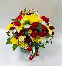 Цветочная композиция из Хризантемы и Розы в корзине в Колчаново